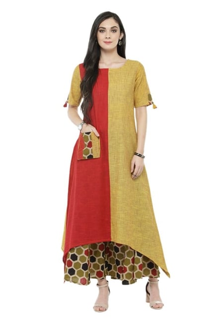 Varanga Red & Mustard Textured Cotton Kurta Varanga Red & Mustard Textured Cotton Kurta