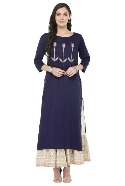 Varanga Navy Embellished Viscose & Rayon Kurta Varanga Navy Embellished Viscose & Rayon Kurta