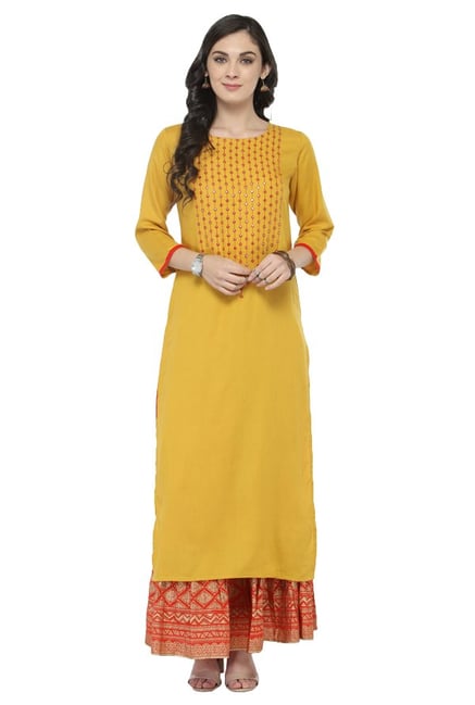 Varanga Yellow & Orange Viscose Rayon Kurta With Skirt Varanga Yellow & Orange Viscose Rayon Kurta With Skirt