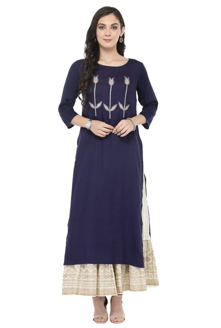 Varanga Navy & Off White Viscose Rayon Kurta With Skirt Varanga Navy & Off White Viscose Rayon Kurta With Skirt