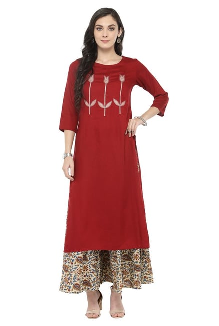 Varanga Maroon & White Viscose Rayon Kurta With Palazzo Varanga Maroon & White Viscose Rayon Kurta With Palazzo