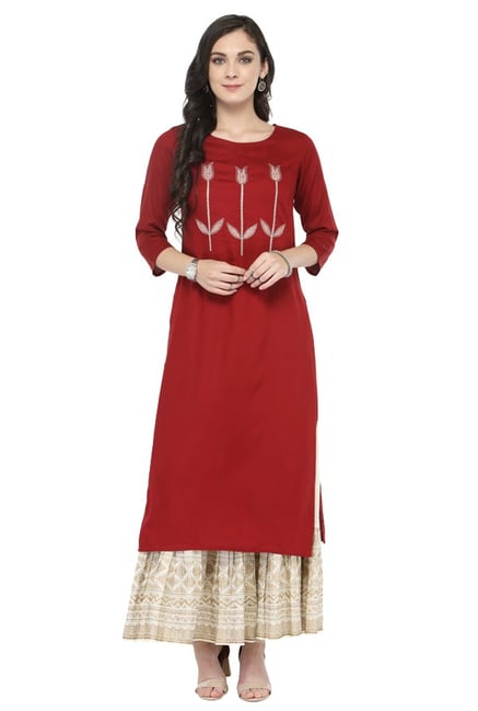 Varanga Maroon & White Viscose Rayon Kurta With Skirt Varanga Maroon & White Viscose Rayon Kurta With Skirt