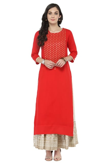 Varanga Red Embellished Viscose & Rayon Kurta Varanga Red Embellished Viscose & Rayon Kurta