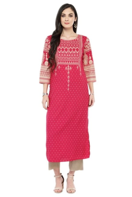 Varanga Pink & Beige Viscose Rayon Kurta With Pants Varanga Pink & Beige Viscose Rayon Kurta With Pants