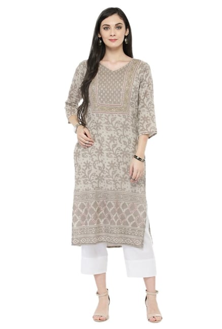 Varanga Taupe & White Printed Cotton Kurta With Pants Varanga Taupe & White Printed Cotton Kurta With Pants