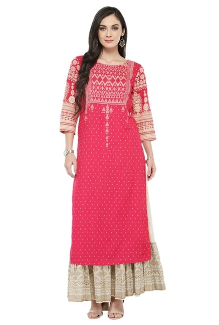Varanga Pink & Off White Viscose Rayon Kurta With Skirt Varanga Pink & Off White Viscose Rayon Kurta With Skirt