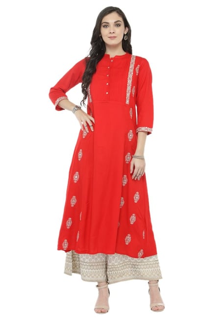 Varanga Red & White Viscose Rayon Kurta With Palazzo Varanga Red & White Viscose Rayon Kurta With Palazzo