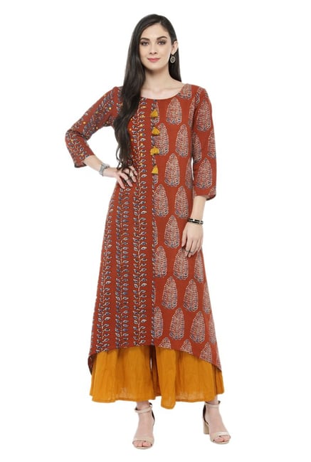 Varanga Rust & Yellow Printed Cotton Kurta With Palazzo Varanga Rust & Yellow Printed Cotton Kurta With Palazzo