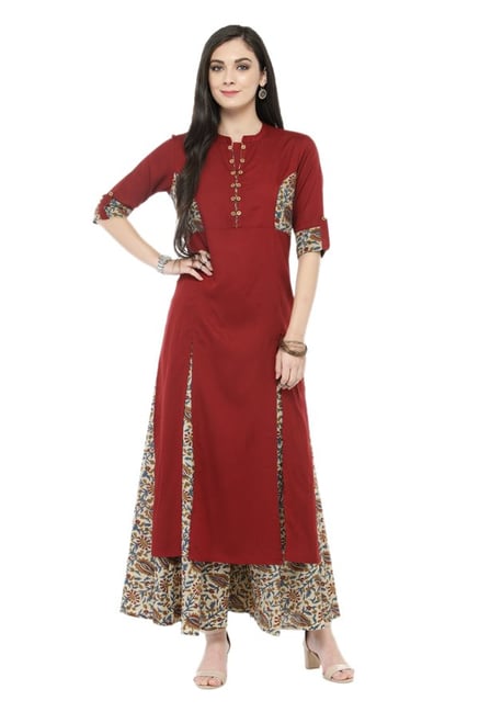 Varanga Maroon & White Viscose Rayon Kurta With Palazzo Varanga Maroon & White Viscose Rayon Kurta With Palazzo