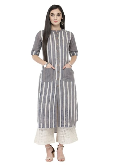 Varanga Grey & White Striped Cotton Kurta With Palazzo Varanga Grey & White Striped Cotton Kurta With Palazzo