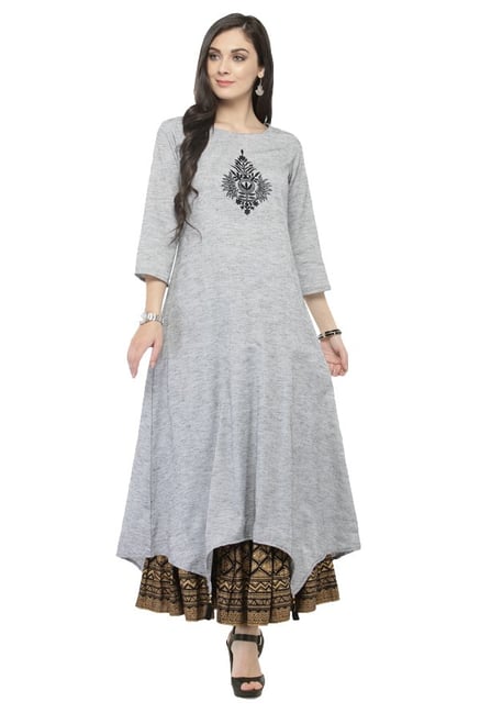 Varanga Grey & Black Cotton Kurta With Skirt Varanga Grey & Black Cotton Kurta With Skirt