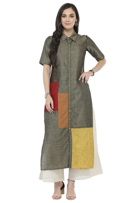 Varanga Grey & White Textured Cotton Kurta With Palazzo Varanga Grey & White Textured Cotton Kurta With Palazzo