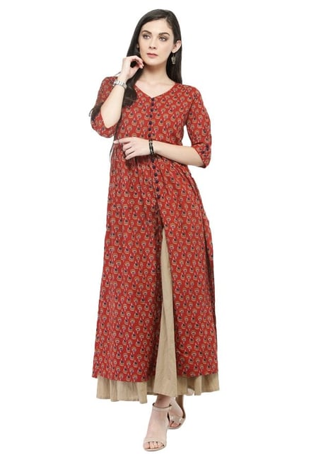 Varanga Rust & Beige Printed Cotton Kurta With Palazzo Varanga Rust & Beige Printed Cotton Kurta With Palazzo