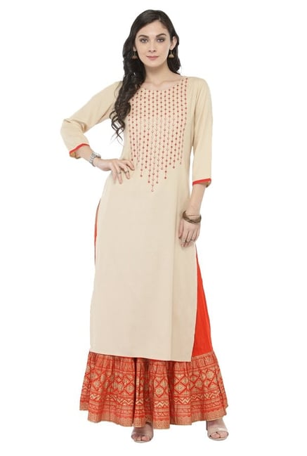 Varanga White & Orange Viscose Rayon Kurta With Skirt Varanga White & Orange Viscose Rayon Kurta With Skirt