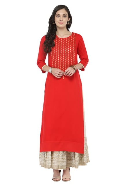 Varanga Red & Off White Viscose Rayon Kurta With Skirt Varanga Red & Off White Viscose Rayon Kurta With Skirt