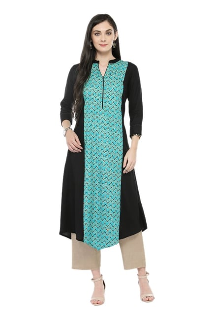 Varanga Black & Beige Viscose Rayon Kurta With Pants Varanga Black & Beige Viscose Rayon Kurta With Pants