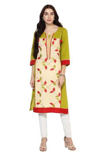 Mytri Lime & Beige Embroidered Cotton Straight Kurta Mytri Lime & Beige Embroidered Cotton Straight Kurta