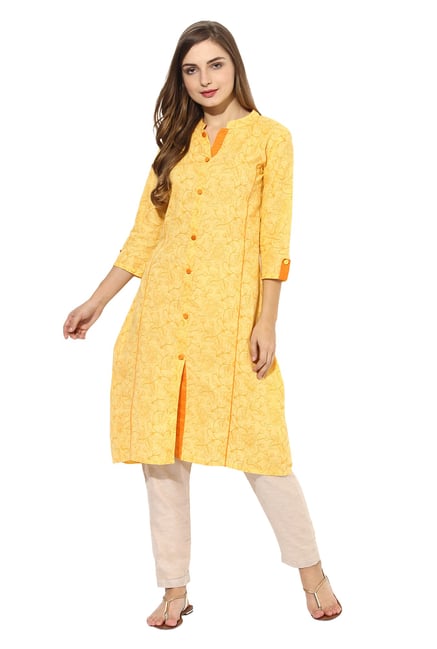 Mytri Mustard Printed Cambric A-Line Kurta Mytri Mustard Printed Cambric A-Line Kurta