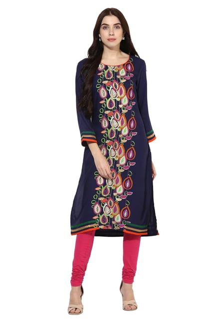 Mytri Navy Printed Rayon Straight Kurta Mytri Navy Printed Rayon Straight Kurta