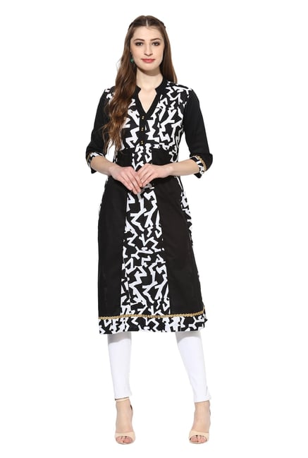Mytri Black & White Printed Polyester Anarkali Kurta Mytri Black & White Printed Polyester Anarkali Kurta