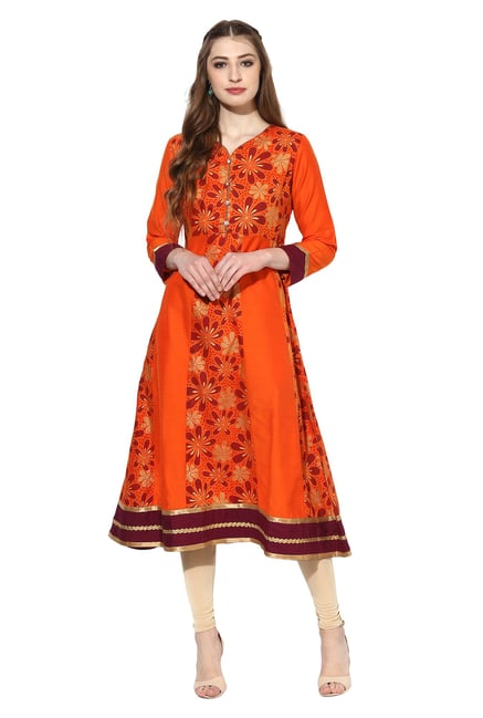 Mytri Rust Printed Polyester Anarkali Kurta Mytri Rust Printed Polyester Anarkali Kurta