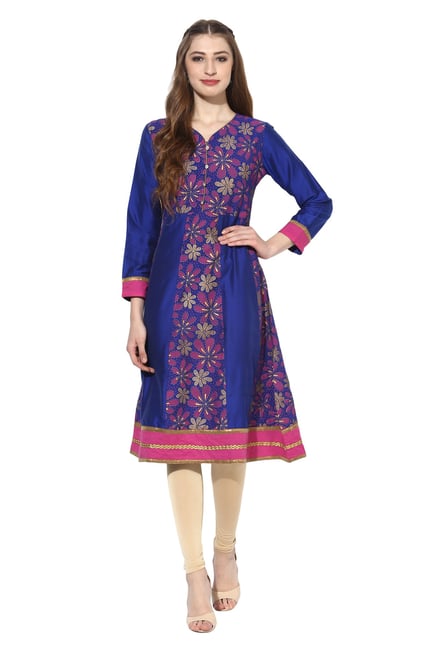 Mytri Royal Blue Printed Polyester Anarkali Kurta Mytri Royal Blue Printed Polyester Anarkali Kurta