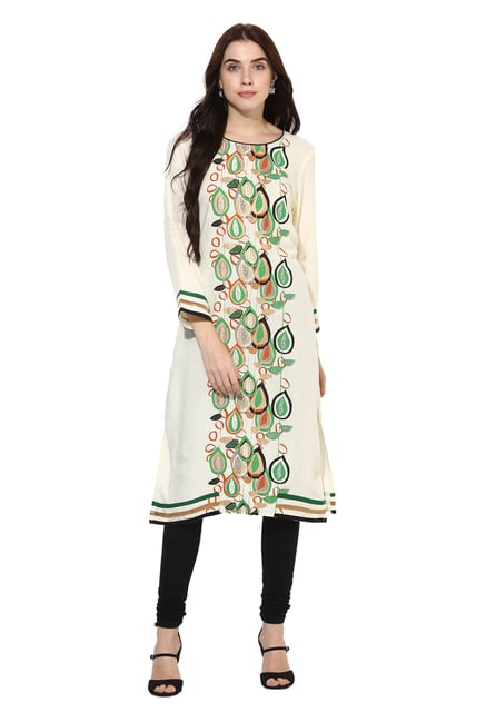Mytri Off White Printed Rayon Straight Kurta Mytri Off White Printed Rayon Straight Kurta