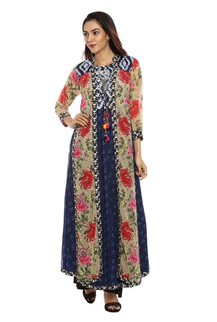 Soch Beige & Navy Floral Print Georgette Kurta Soch Beige & Navy Floral Print Georgette Kurta