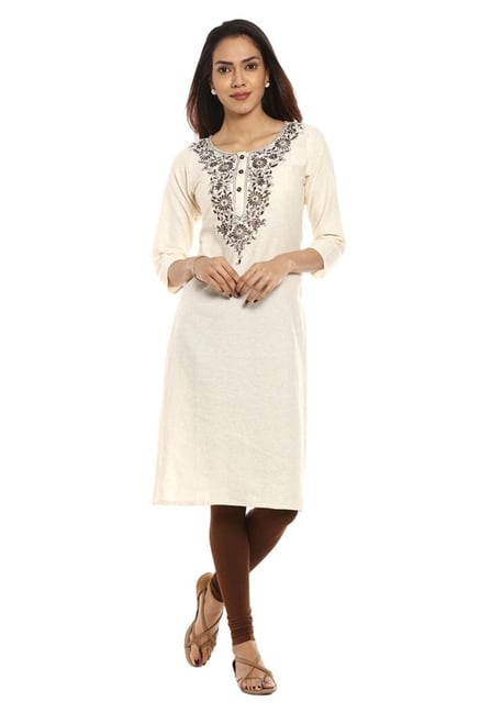 Soch White & Brown Embroidered Cotton Kurta Soch White & Brown Embroidered Cotton Kurta