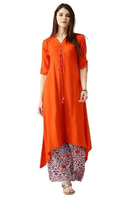 Libas Orange & Off White Rayon Kurta With Palazzo Libas Orange & Off White Rayon Kurta With Palazzo