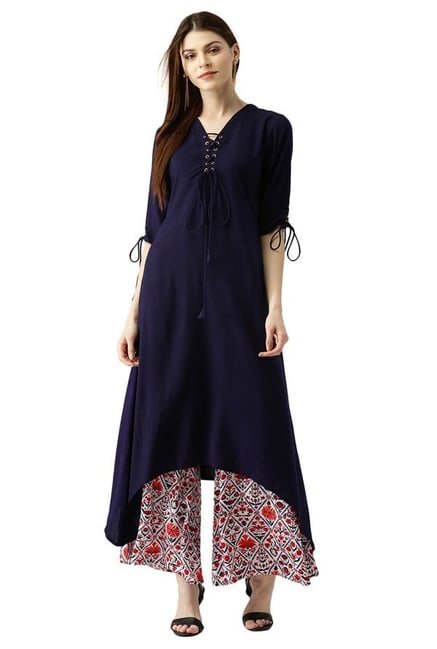 Libas Navy & Off White Rayon Kurta With Palazzo Libas Navy & Off White Rayon Kurta With Palazzo