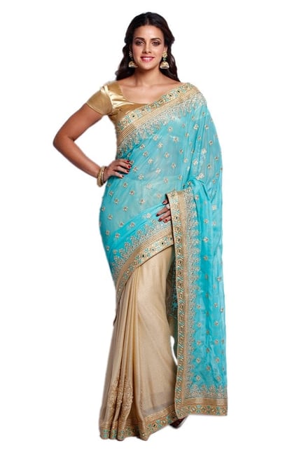 Soch Beige & Blue Embroidered Georgette Half & Half Saree Soch Beige & Blue Embroidered Georgette Half & Half Saree