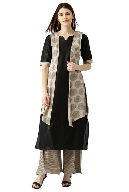 Libas Beige & Black Cotton Jacket Kurta With Palazzo Libas Beige & Black Cotton Jacket Kurta With Palazzo