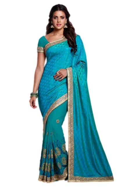 Soch Green & Blue Embroidered Satin Half & Half Saree Soch Green & Blue Embroidered Satin Half & Half Saree