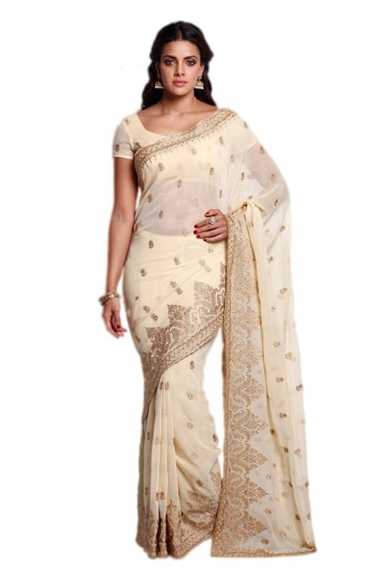 Soch Beige Embroidered Chiffon Saree Soch Beige Embroidered Chiffon Saree