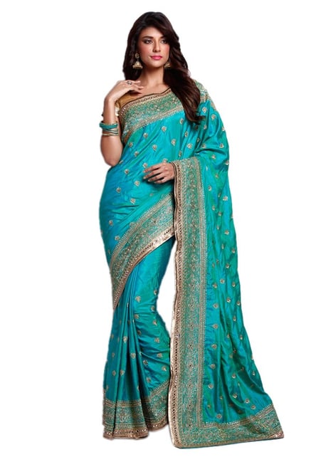 Soch Teal Embroidered Silk Saree Soch Teal Embroidered Silk Saree