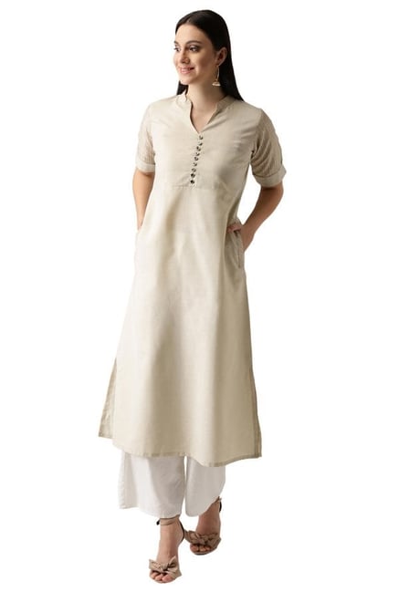 Libas Cream Textured Cotton A-Line Kurta Libas Cream Textured Cotton A-Line Kurta