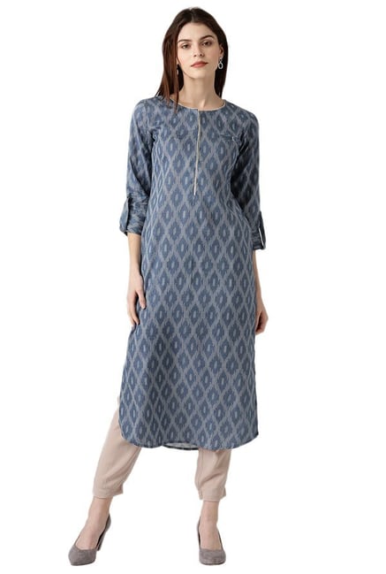 Libas Blue Printed Cotton Straight Kurta Libas Blue Printed Cotton Straight Kurta