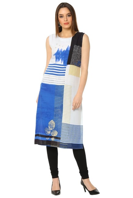 Soch Royal Blue & White Printed Rayon Kurta Soch Royal Blue & White Printed Rayon Kurta