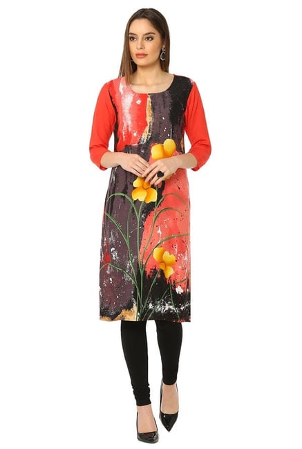 Soch Coral & Brown Printed Rayon Kurta Soch Coral & Brown Printed Rayon Kurta