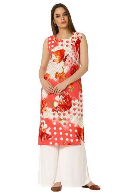 Soch Coral & White Floral Print Rayon Kurta Soch Coral & White Floral Print Rayon Kurta