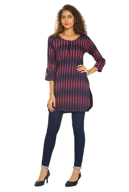 Soch Navy & Pink Printed Rayon Kurti Soch Navy & Pink Printed Rayon Kurti