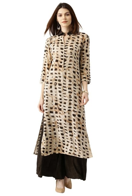 Libas Beige & Brown Printed Rayon Kurta With Palazzo Libas Beige & Brown Printed Rayon Kurta With Palazzo