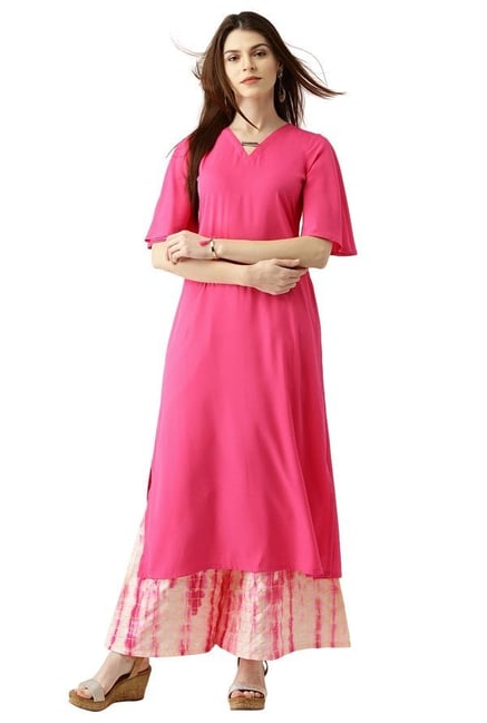 Libas Pink Polyester Kurta With Palazzo Libas Pink Polyester Kurta With Palazzo