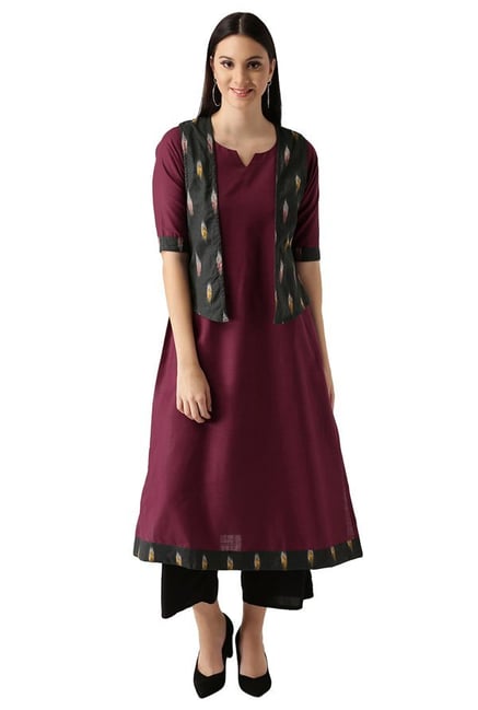 Libas Maroon Cotton A-Line Kurta With Jacket Style Libas Maroon Cotton A-Line Kurta With Jacket Style