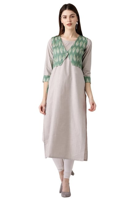 Libas Beige & Green Printed Cotton Kurta With Jacket Libas Beige & Green Printed Cotton Kurta With Jacket