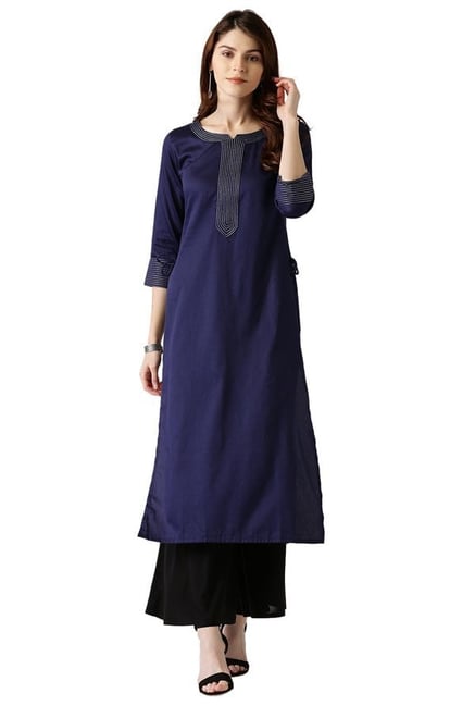 Libas Navy Regular Fit Cotton Straight Kurta Libas Navy Regular Fit Cotton Straight Kurta