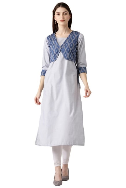 Libas Grey & Blue Printed Cotton Kurta With Jacket Libas Grey & Blue Printed Cotton Kurta With Jacket