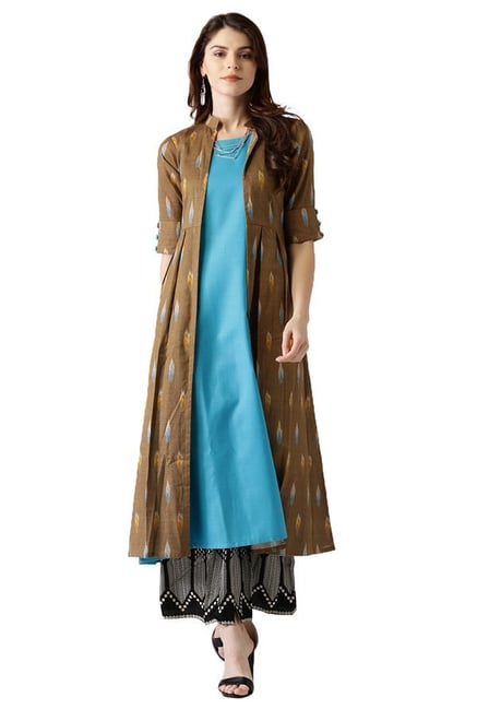 Libas Blue & Olive Cotton A-Line Kurta With Jacket Libas Blue & Olive Cotton A-Line Kurta With Jacket