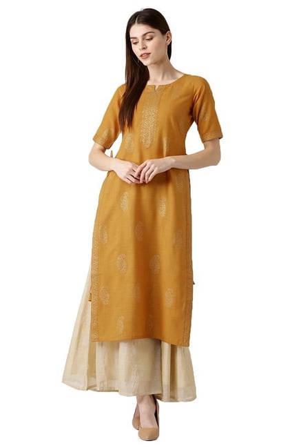 Libas Mustard Block Print Cotton Straight Kurta Libas Mustard Block Print Cotton Straight Kurta